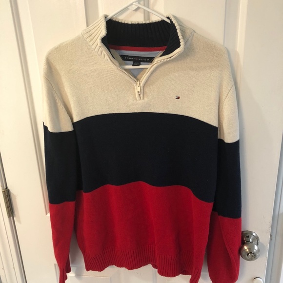 Tommy Hilfiger quarter zip sweater, boys’ Sz 16/18, red, off-white and blue - Picture 3 of 6